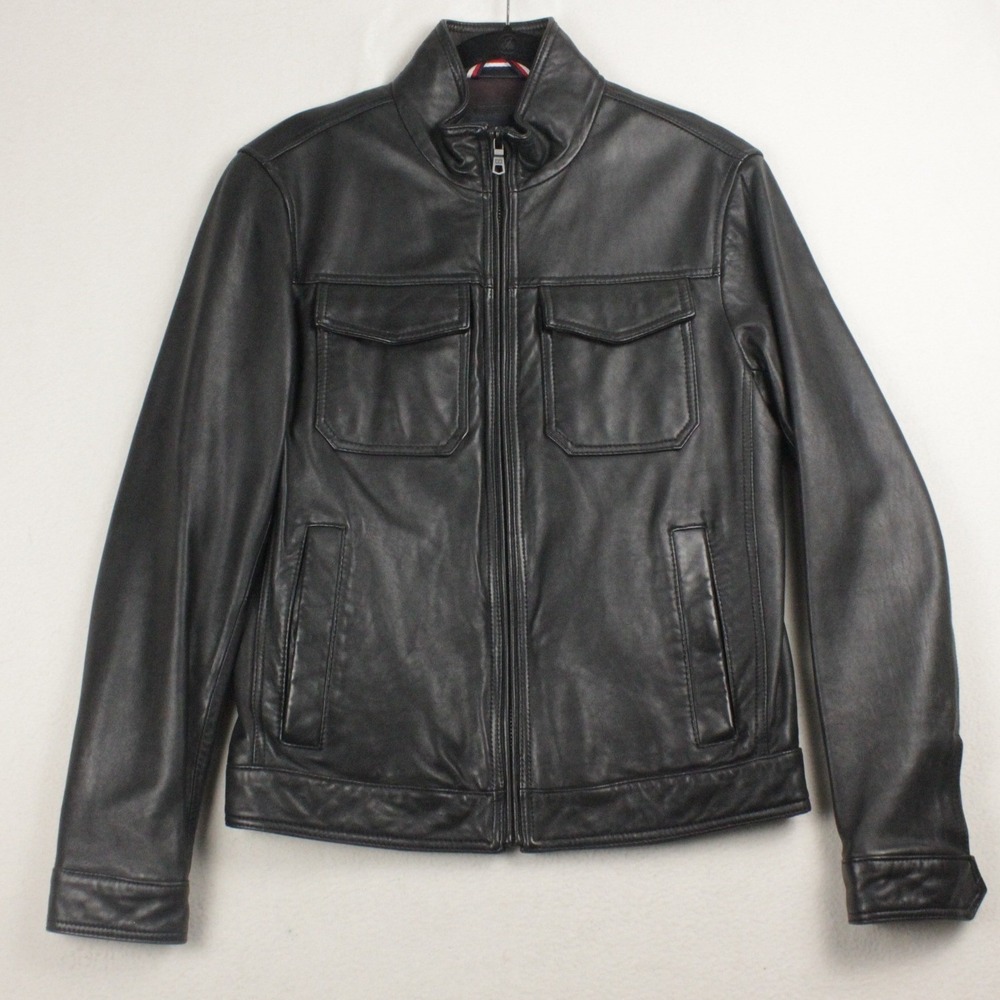 Tommy Hilfiger Leather Trucker Jacket Mens S Black Y2K 90s Grunge Zip